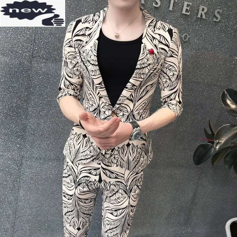 

New Mens 3pcs Set Floral Printed Half Sleeve Blazer Coat Skinny Pants Slim Fit Casual Suit Night Club Male Outfits Matching