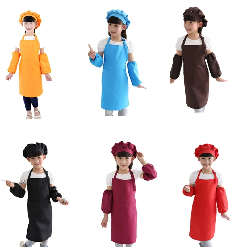 Kids Full Apron Bib Set with Pocket and Hat Sleeves Craft Kitchen Chef Cooking Art Children Diy Apparel