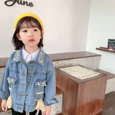 Pearl Kids Girls Denim Jacket Bow Knot Children Jeans Outerwear Coat Loose Baby Girls Denim Clothing Casual Teenager Jeans Coat