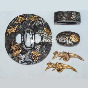 

Signed A Set Plated Gold & Silver Copper Bronze Guard Tsuba Menuki Fuchi Kashira W Crane For Japanese Samurai Sword Katana