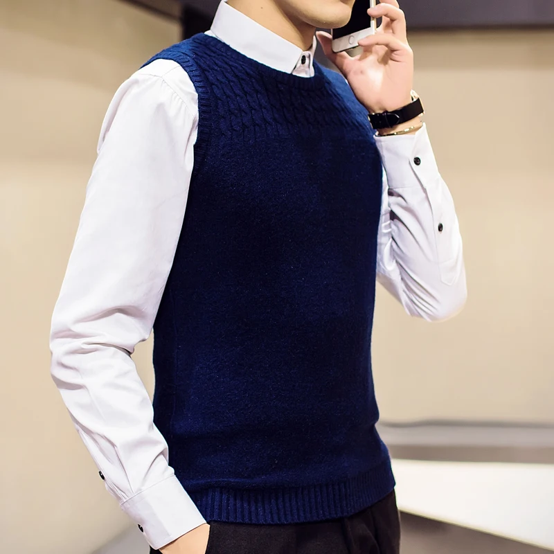 Мужской свитер без рукавов, пуловер с круглым вырезом, Модная тонкая Корейская версия, Вязанная одежда без рукавов, свитер