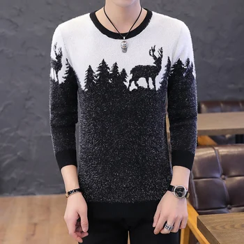 

Mens Winter Warm Sweaters Mens Casual Slim O-Neck Pullovers Fashion Striped Print Sweaters High Quality Cotton Knitting Sweaters