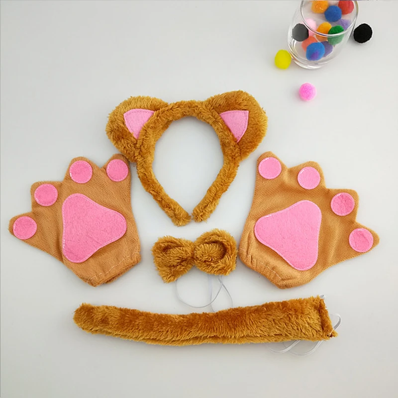 

Boy Girl Fox Cat Headband Bow Tie Tail Paws Gloves Halloween Carnival Kids Cartoon Animal Modeling Stage Performance Prop Set