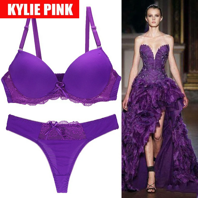 KYLIE PINK Sexy Bra Thong Suit Bright Color Girls Lace Bra Panties Underwear Set Adjustable Plus Size French Style Lingerie Set - Цвет: Фиолетовый