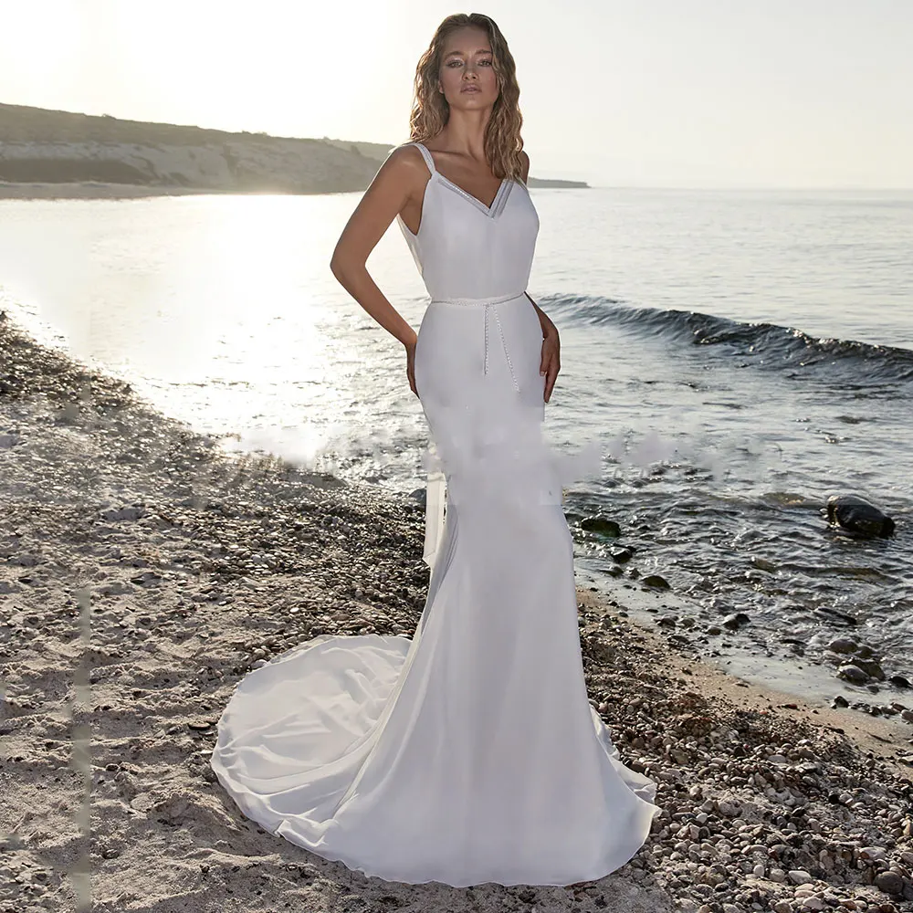 

Elegant Chiffon Mermaid V-Neck Sleeveless Sweep Train Wedding Dress Sleeveless Bridal Gowns Sexy Backless Robe De Mariée Custom