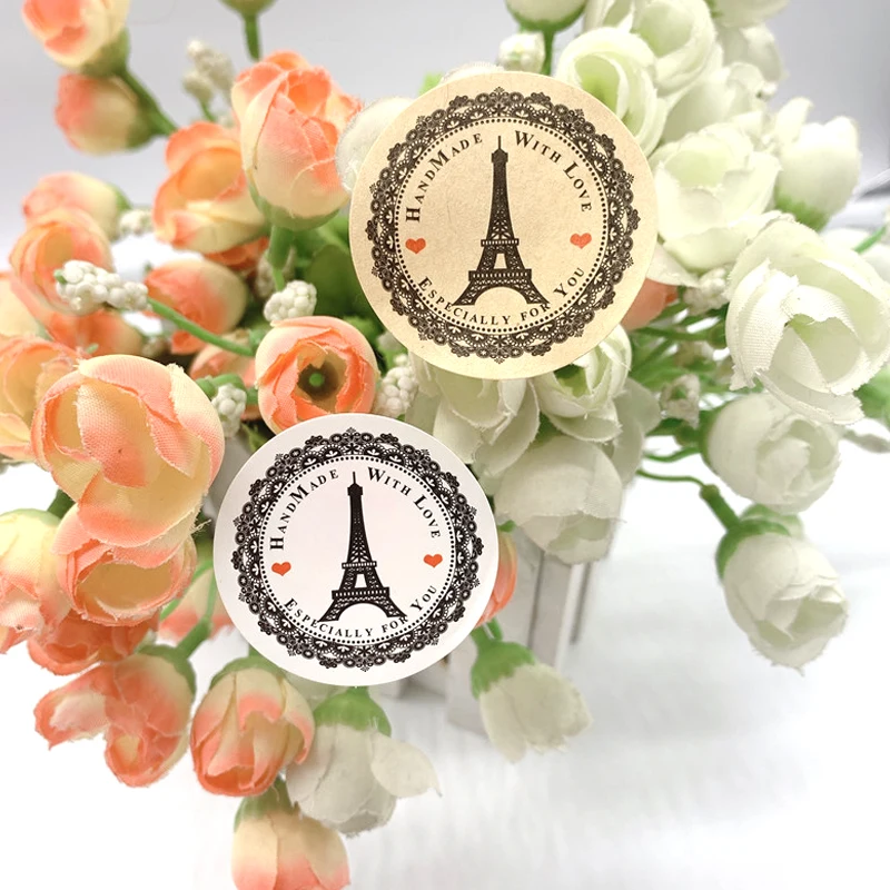 Feito à Mão com Amor Etiquetas de Papel Lote Redondo Forma Torre Scrapbooking Kraft Adesivos Presente Embalagem Selo Adesivo 1000 Pçs - 4 com amor forma torre scrapbooking kraft etiquetas