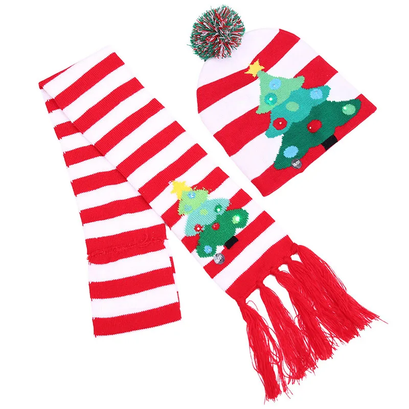 Рождественский головной убор, шарф с светодиодный лампочкой для взрослых/детей, семейный вид, вязаная Рождественская елка, помпон, рождественские аксессуары, комплект