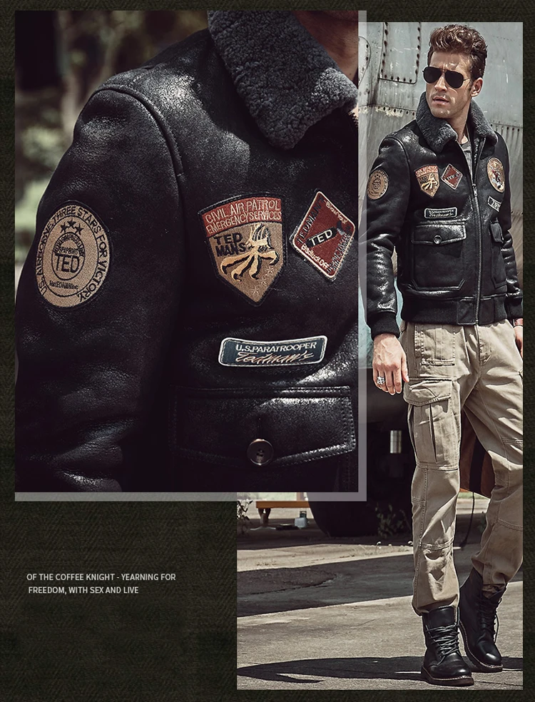 Men's Fur Jacket Short Leather Jacket Mans B3 Bomber Jacket Shearling Sheepskin Aviator Fur Coat Lambs Outerwear Flight Jacket