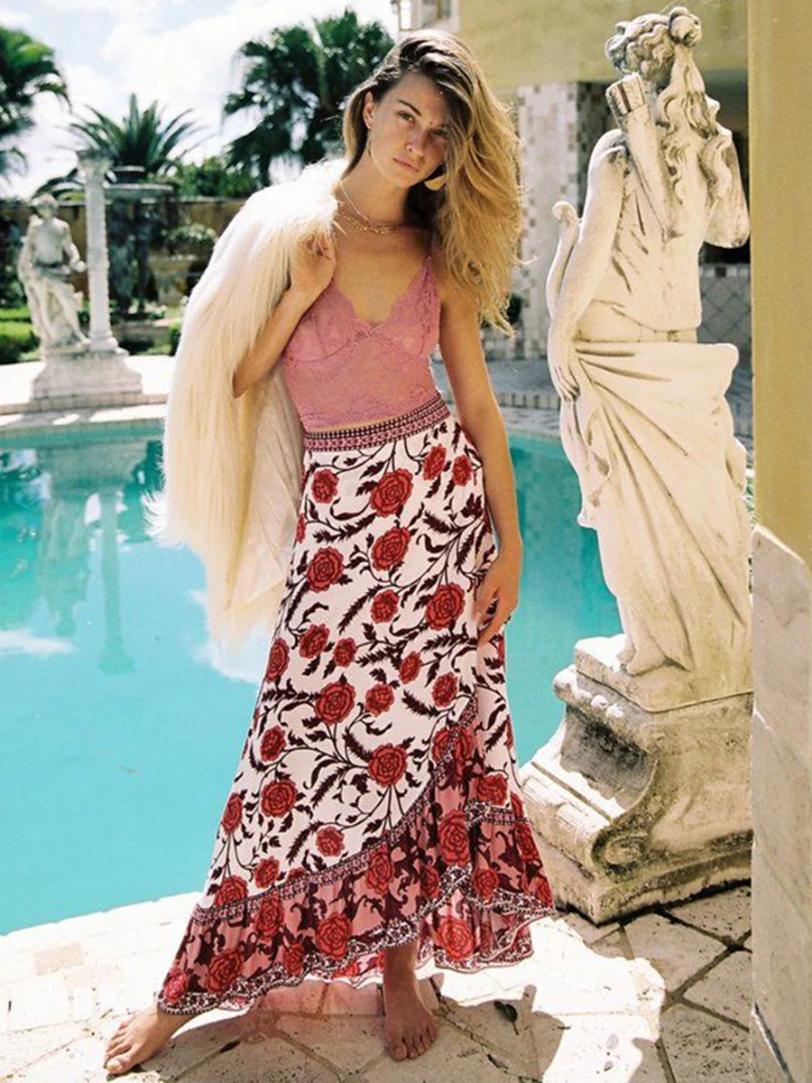 

Jastie Vintage Rose Print Skirt Hippie Chic Boho Asymmetrical Skirts faldas mujer moda 2019 Summer Skirt Women Beach Skirts