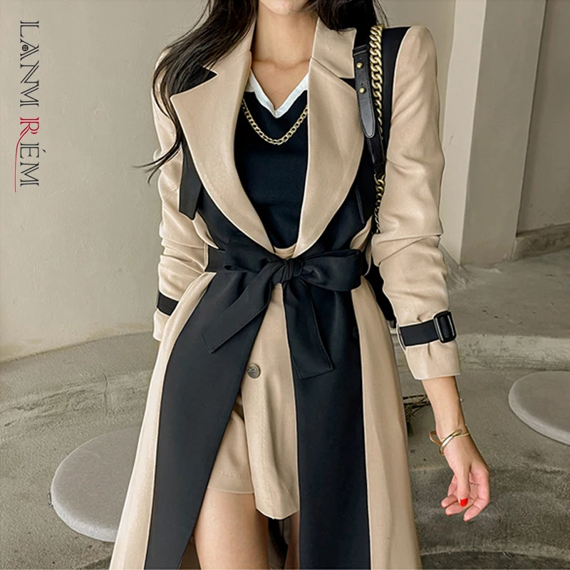 

LANMREM Elegant Notched Collar Lady Patchwork Windbreaker Full Sleeve Buttons Belted Women Long Trench Coats 2024 Winter 2W1922