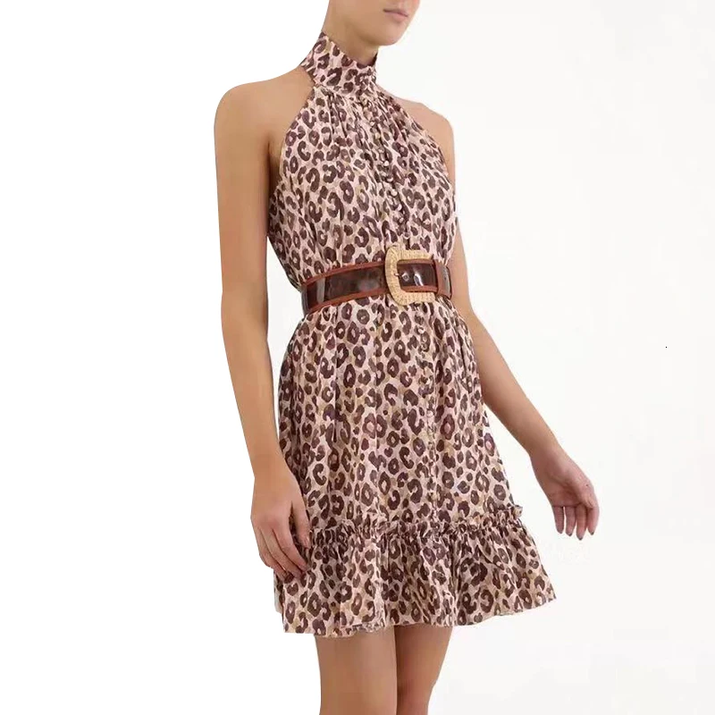 

Leopard Ruffles Women's Dresses Turtleneck Sleeveless High Waist Lace Up Bow Dress For Women Clothing Fashion