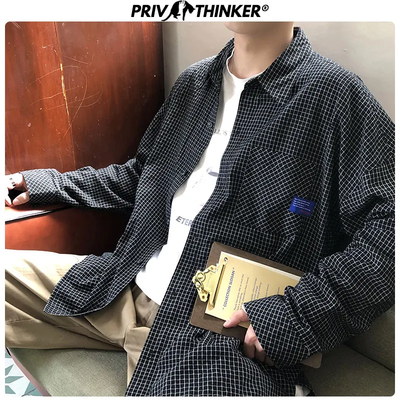 Privathinker, мужская клетчатая уличная одежда, корейские повседневные рубашки, мужские цветастые блузы, осенняя рубашка, топы, мужская мода, длинный рукав