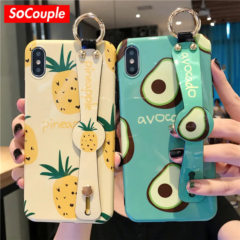 

SoCouple Phone Holder Case For iphone X Xs max XR 6 6S 7 8 plus Cute Avocado Pineapple Painted Wrist Strap Soft TPU Cases Cover