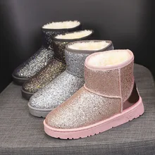 Lucyever; Модные женские блестящие зимние ботинки; Зимние Теплые ботильоны на плоской платформе с густым мехом; женская хлопковая обувь без застежки