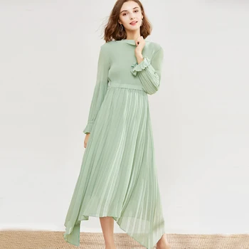 

The latest Miyake dresses women summer 2018 light green half turtleneck chiffon pleated dress high waist bandage dress 5124