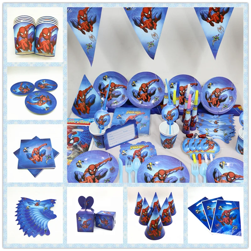 Suministros de vajilla desechable con temática de Spiderman para niños, vasos y máscaras para fiestas de cumpleaños