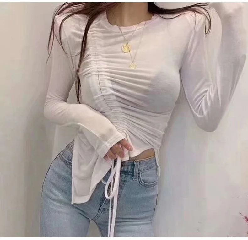 WHITNEY WANG Fashion Streetwear Drawstring Ruched Slim t shirt Women T-Shirt tee shirt femme