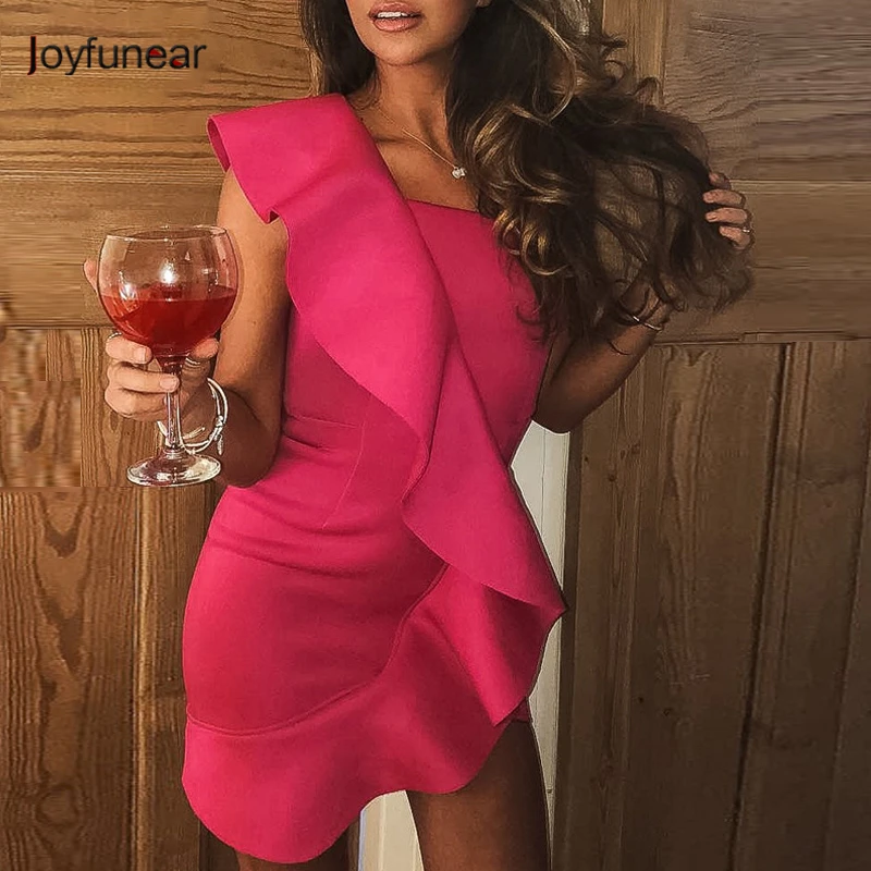 

Joyfunear Sexy Rose Party Dress Women 2019 Summer Ruffles One Shoulder Mini Dresses Clubwear Female Bandage Bodycon Celebrity