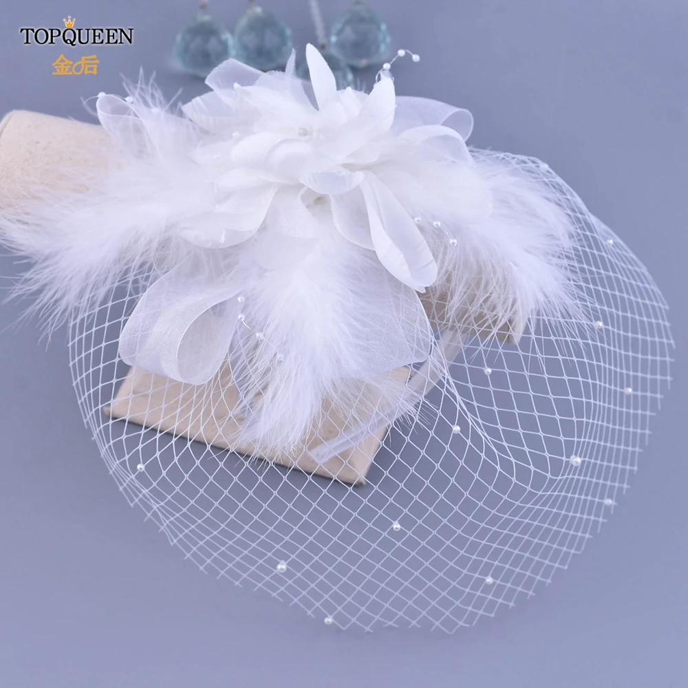 TOPQUEEN FG18 White Headband Veil for Bridal Birdcage Face Net Mask Hair Accessory Flower Feather Veils party Prom Blusher Veil