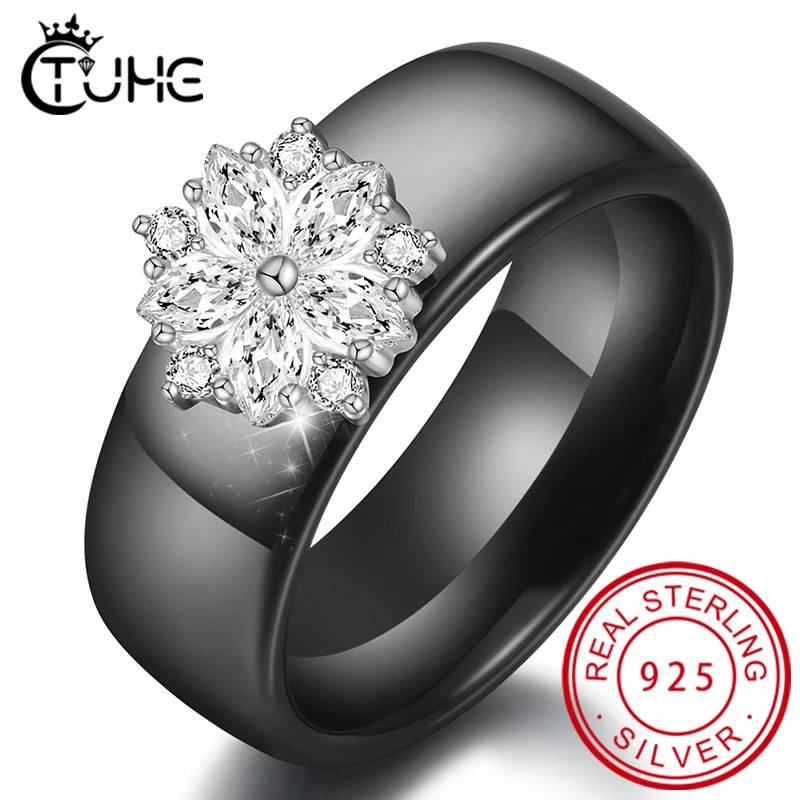 New White Flower Cubic Zircon Rings For Women Girls Fashion Party Ceramic Rings Crystal Bague Jewelry Christmas Gift