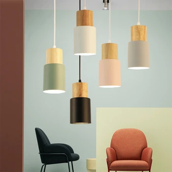 

Designer Nordic Simple Wood Pendant Lights LED Hang Lamp Colorful Aluminum Fixture Loft Pendant Bedroom Bar Hotel Home Decor E27