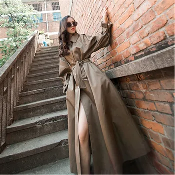 

2020 New high quality Removable Hooded Waist Long Trench with Sashes Women Spring Fall One size Red Windbreaker Casaco feminino