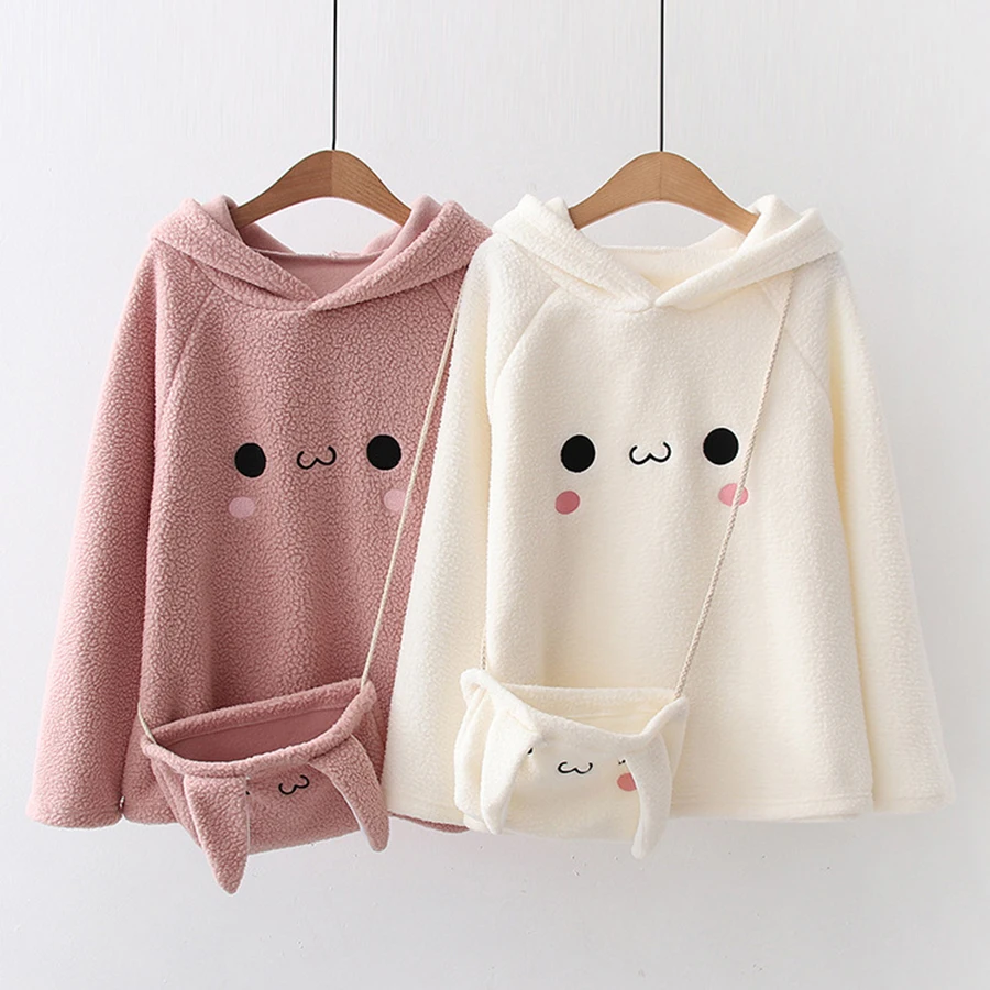 

Autumn Winter Velvet Loose Hoodie Women Rabbit Ears Hooded Embroidered Pullover Japanese Style Girl Pink White Casual Hoodies