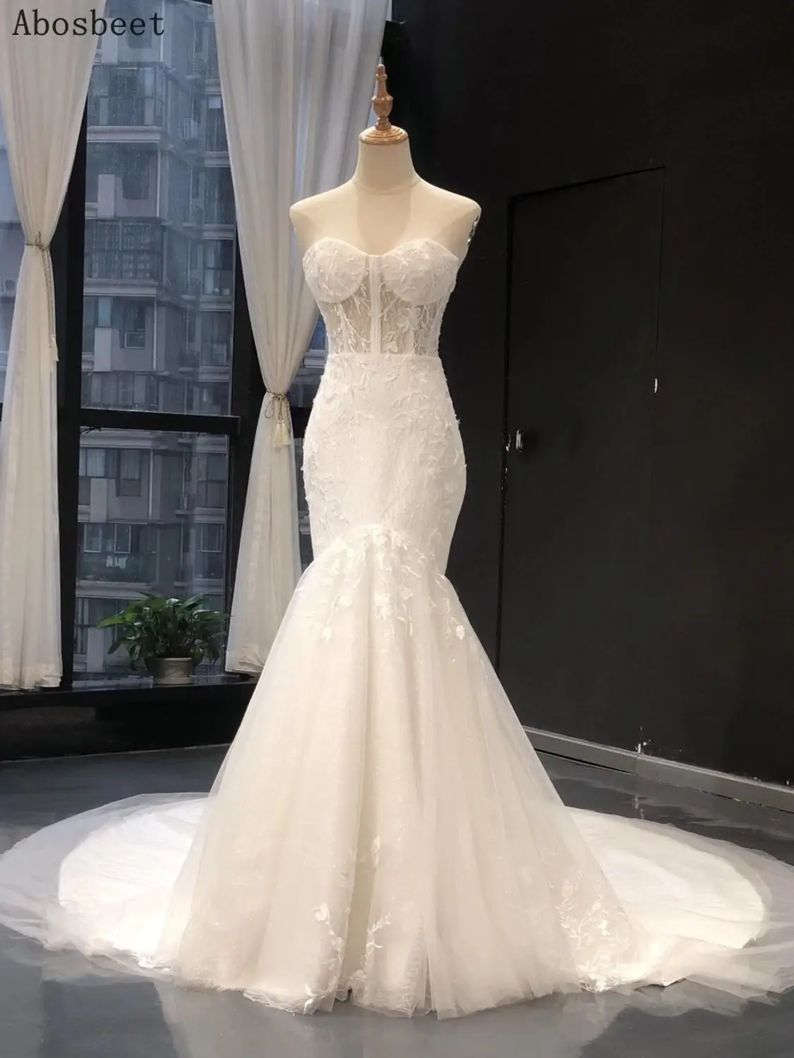 

DD JYOY White Lace Mermaid Wedding Dress Long Train See Through Top Elegant Sweetheart Wedding Gown Bridal Wear Lace Up Back