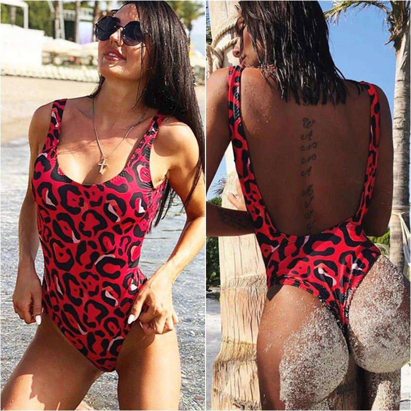 

2020 New Sexy Red Leopard Swimsuit Scoop Neck Swimwear Backless Beachwear S-L Girl Pullover Bathing Suit One Piece Suit Monokini