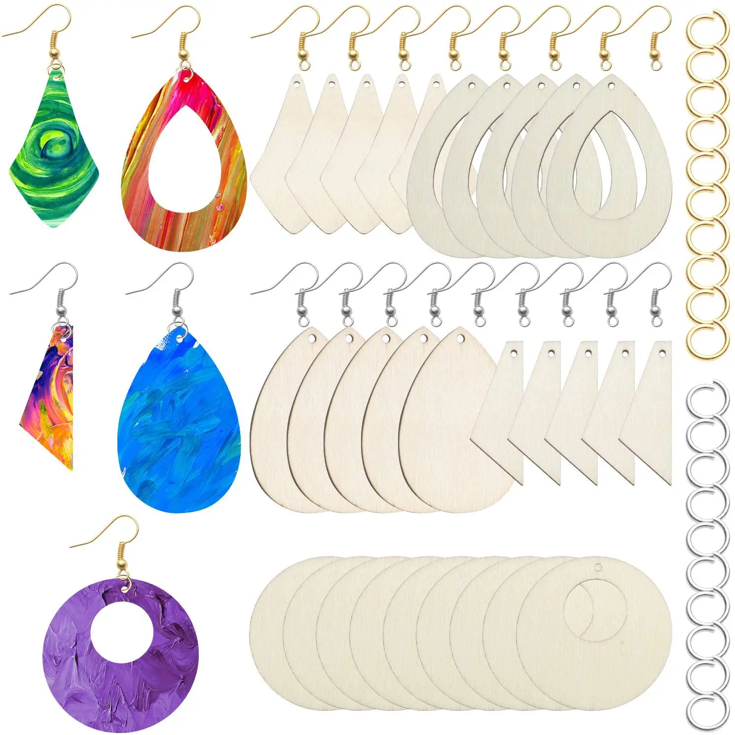 

50 Pcs Unfinished Wood Earring Blanks Dangle Earrings Wood Charms with 60 Earring Hooks and 60 Jump Rings for Earrings Jewelry
