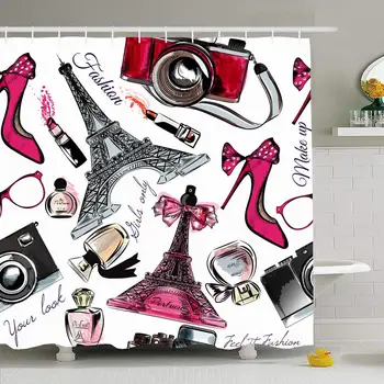 

Shower Curtain Set with Hooks 66x72 Beautiful Fashion Perfume Classic Eiffel Beauty Red Scrapbook Banner Elegant Romance