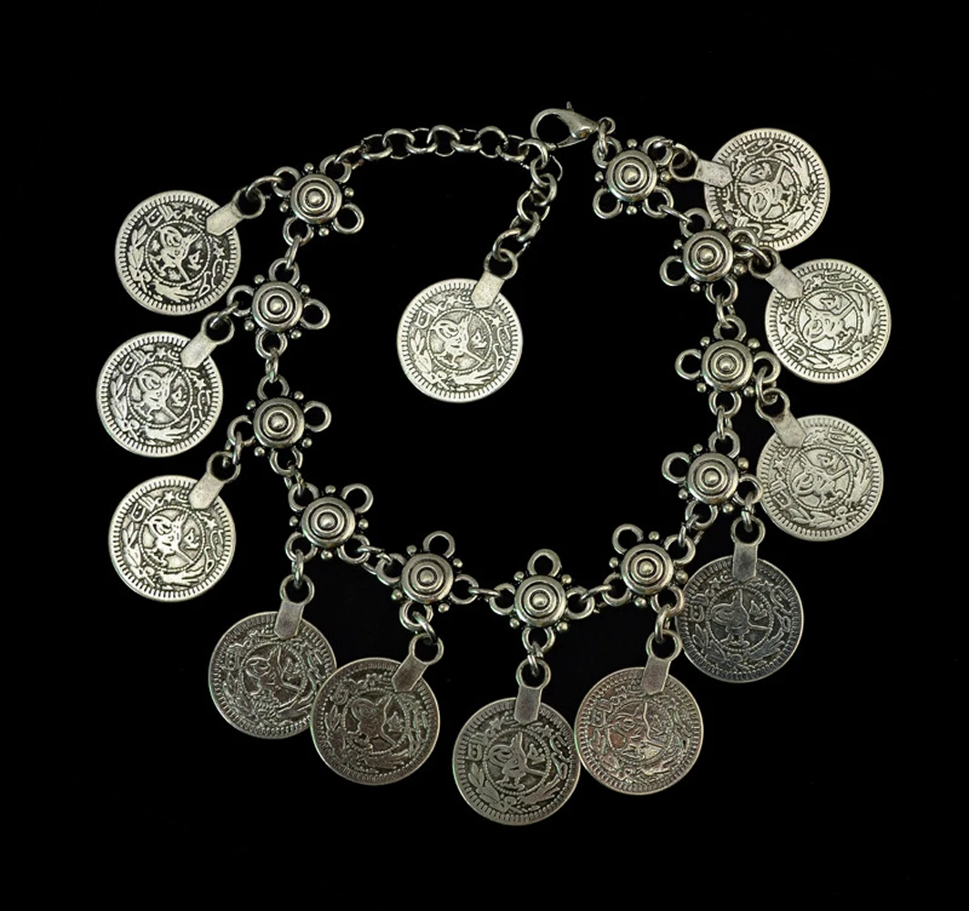 Pulsera de cadena larga con moneda de Metal para mujer, amuleto étnico de borla, tobillera, joyería de playa