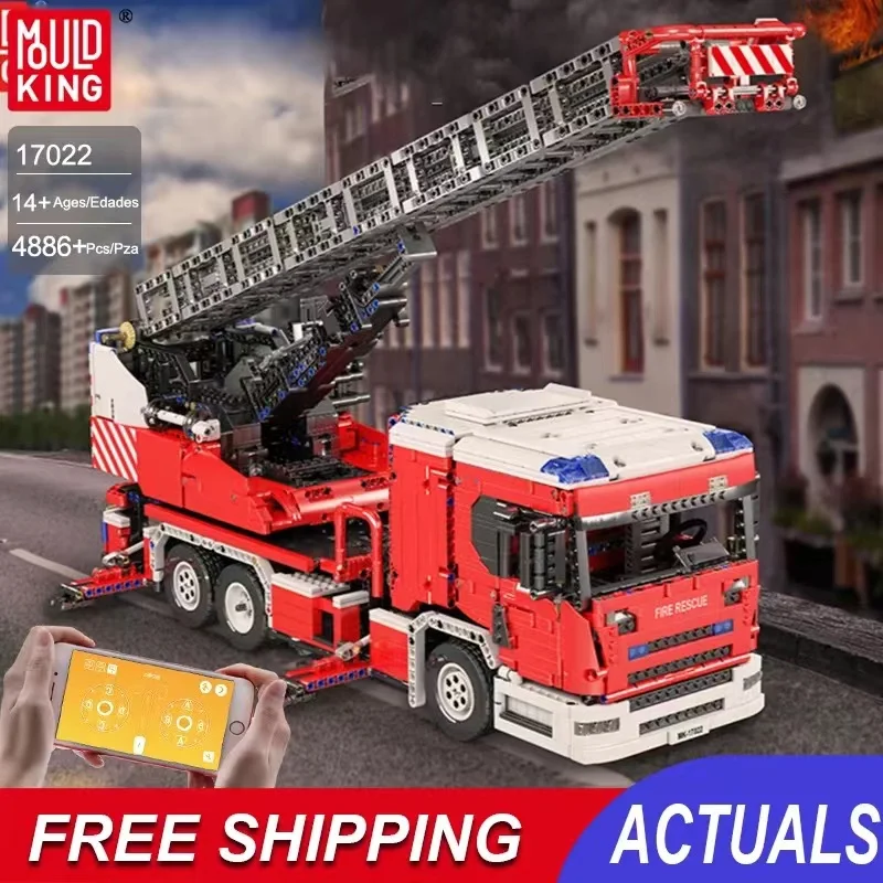 MOULD KING 17022 Technical Motorized Ladder Truck Fire Rescue Car Model Building Blocks Toys For Children Christmas Gifts | Игрушки и