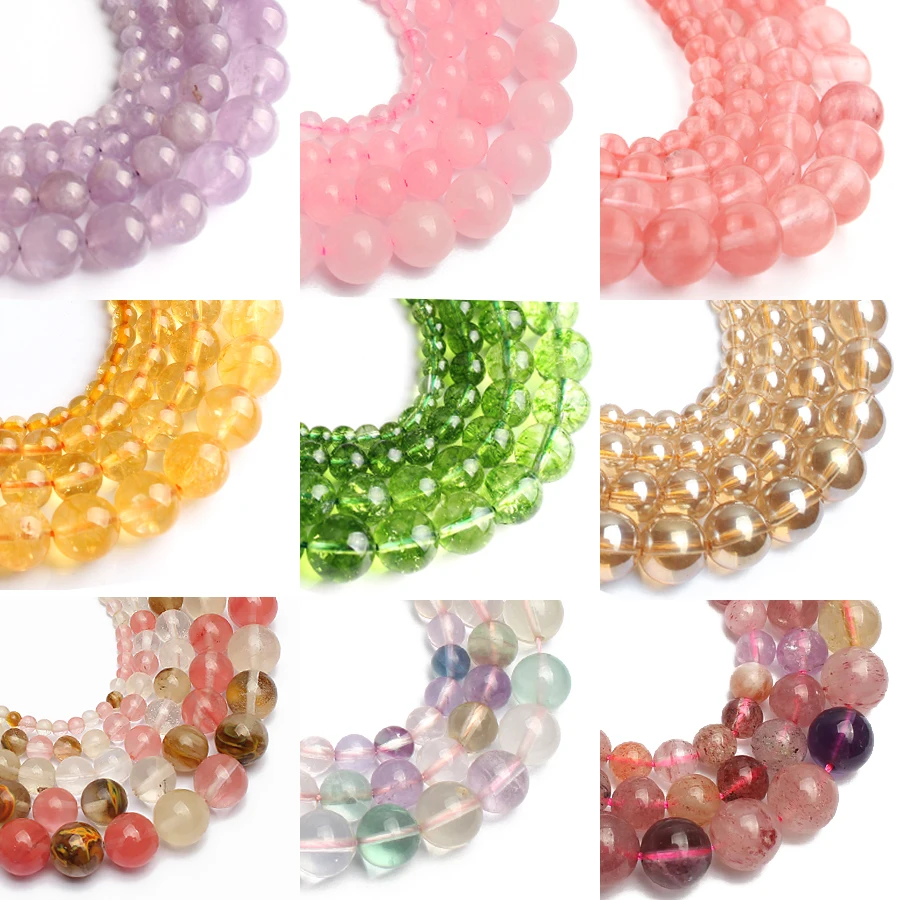 

34 Style Wholesale Pink Crystal Strawberry Quartz Amethysts Loose Beads for Jewelry Making DIY Bracelets Accessories 15'' 6-10mm