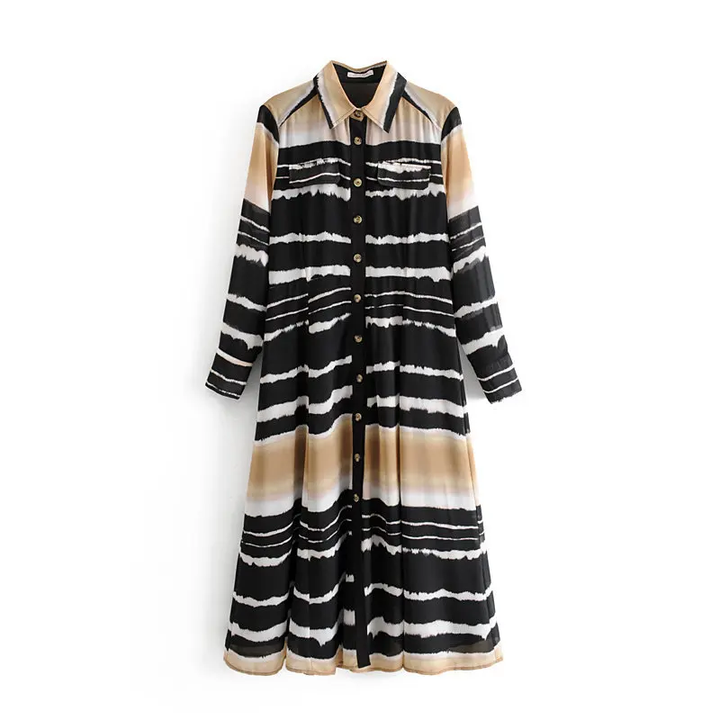 

2019 Autumn New Style Europe And America Fashion Vacation Style Contrast Color Tie-dye Long Sleeve Shirt Dress Loose-Fit Long Sk