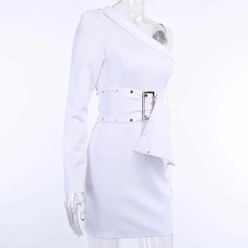 NATTEMAID, Осеннее белое сексуальное платье на одно плечо, женское Клубное облегающее платье с открытой спиной и поясом, Элегантные мини платья для вечеринок Vestidos