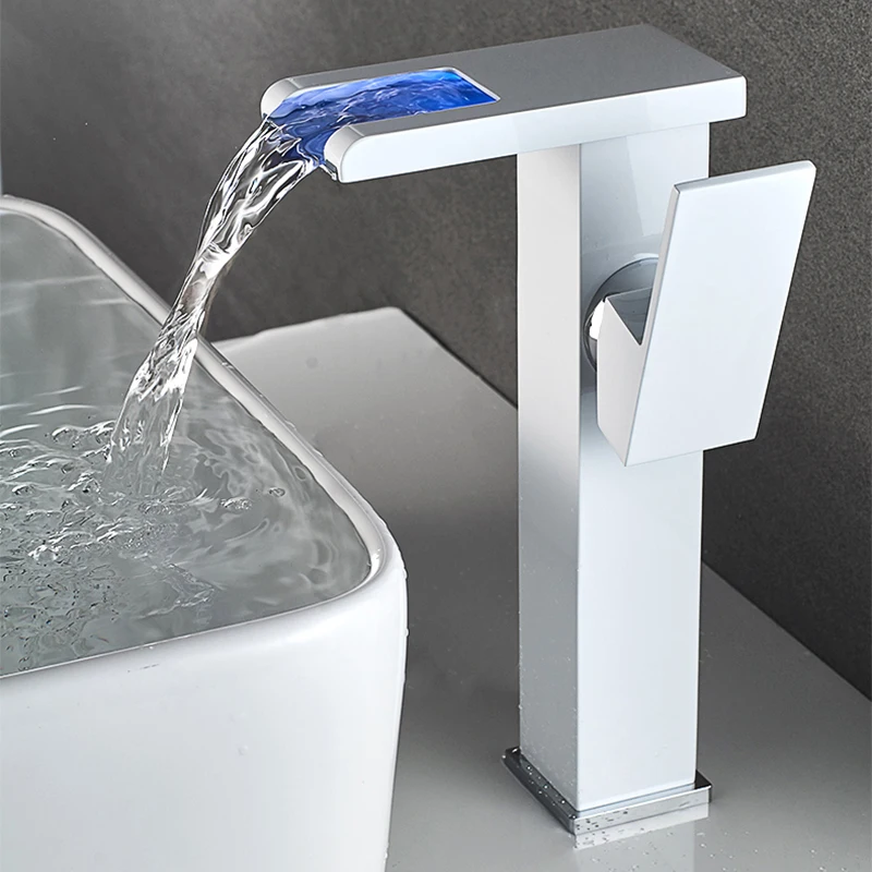 US $54.60 LED Waterfall Bathroom Basin Faucet Single Handle Cold Hot Water Mixer Sink Tap RGB Color Change Powered By Water Flow