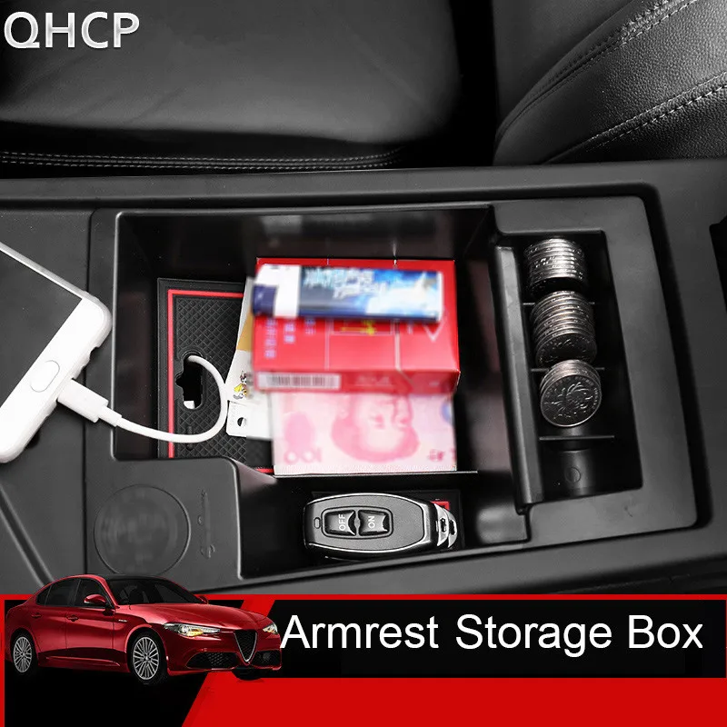 QHCP Car Central Armrest Storage Box Console Trays Pallets Case Door Handle Organizer Storage Box For Alfa Romeo Giulia Stelvio