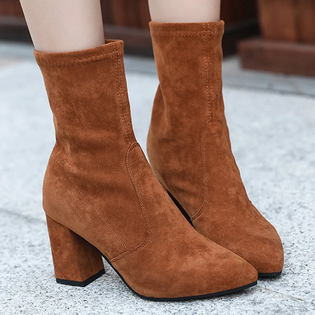 Женские замшевые ботильоны зимние пикантные короткие сапоги простые цветные Слипоны женские стильные свадебные вечерние туфли на высоком каблуке с острым носком