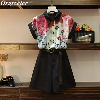 

Goddess Style Wide leg Pants Suit Female 2020 Summer Women's Portraits Printing Short-sleeved Chiffon With Shorts Two-piece sets