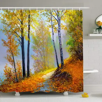

Shower Curtain Set with Hooks 72x72 Autumn Fall Tree Fine Artwork Artistic Yellow Forest Oil Near Beautiful Birch River Orange