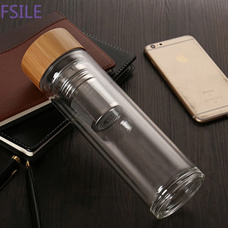 

Tea Bottle Glass Bottled Water Bottle Infuser With Filter Strainer Borosilica Double Wall Drink Bamboo Lid 450ml Car Drinkware