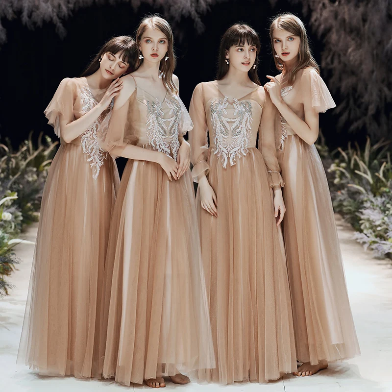 Bridesmaids Dresses Illusion Spaghetti Straps V-Neck Beading Embroidery Half Sequined Luxury Tulle Women Wedding Party Gown E147 Bridesmaids Dresses Illusion Spaghetti Straps V-Neck Beading Embroidery Half Sequined Luxury Tulle Women Wedding Party Gown E147