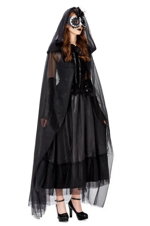Gothic Black Ghost Bride Dress Adult Vampire Cloak and Dress Halloween Costume