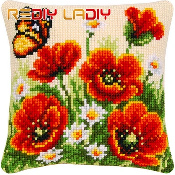 

Cross Stitch Cushion Poppy & Butterfly Make Your Own Pillow Chunky Cross Stitch Kits Pre-Printed Canvas Acrylic Yarn Pillow Case