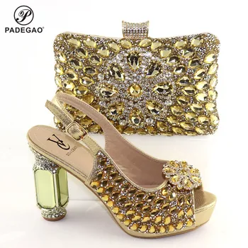 

Gold Design African Women Shoes and Bag Set with Shinning PU Leather Italian Ladies Matching Shoes and Bag for Wedding