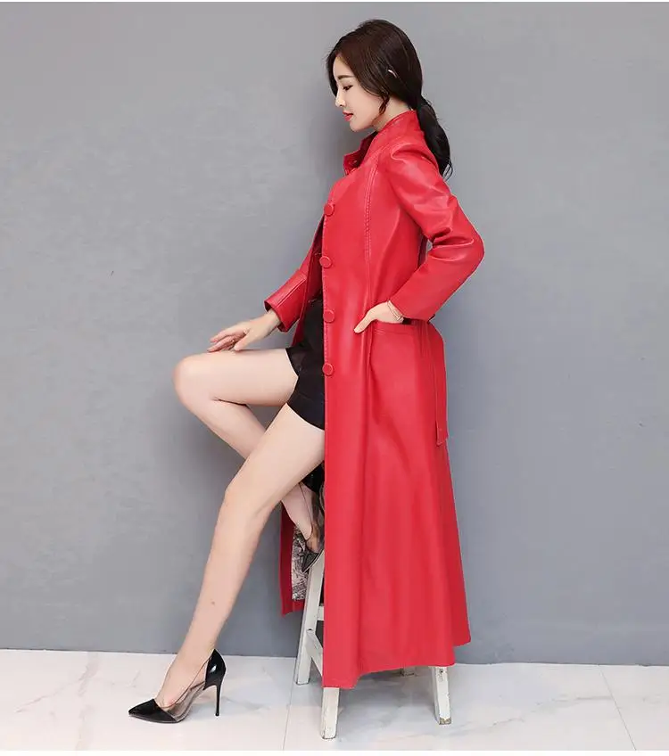 Women Autumn Winter X-Long Faux Leather Coat Soft Slim Leather Jacket Female Plus Size Sheepskin Trench Coat With Belt T102