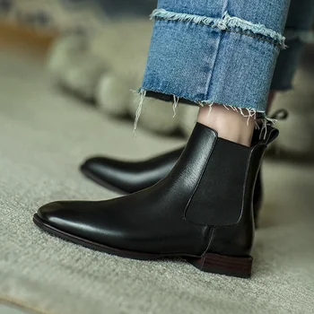 

Royesic Genuine Cow Leather Chelsea short boots women flat heel short boots thick bottom British style square toe Martin boots