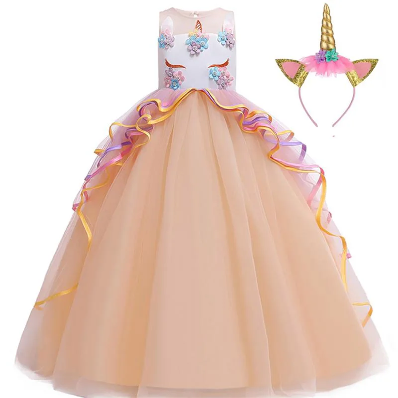 Длинное платье с единорогом Детские платья с повязкой на голову для девочек; детское платье принцессы для девочек вечерние платья для свадьбы Vestidos; Возраст 14, 10, 12 лет - Цвет: champagne