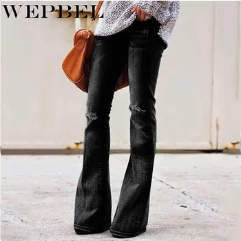 

WEPBEL New High Waist Hole Flare Jeans Female Casual for Women Denim Skinny Jeans Plus Size Pants